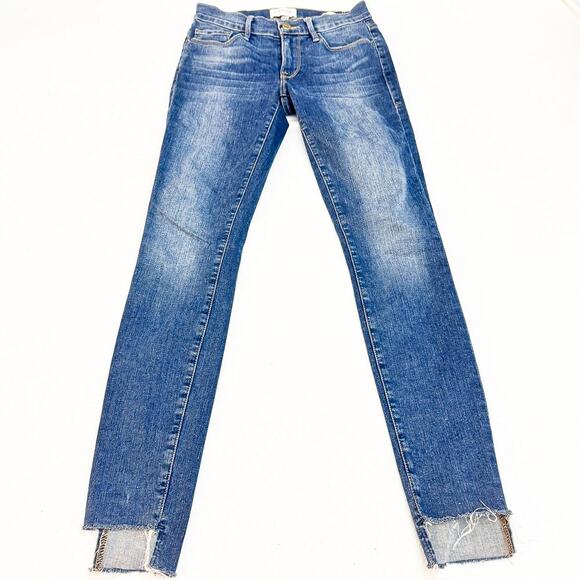 Frame Le Skinny de Jeanne Raw Distressed Hem Denim Jeans Woodbine Size 24 - Picture 2 of 8